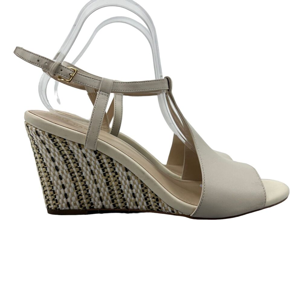 Cole Haan Maddie Wedge Womens 9.5 B White Leather Ankle Strap Open Toe Heels